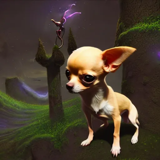 Image similar to an anthropomorphic chihuahua living in an extradimensional reality where it is a god, in the style of wlop, illustration, epic, fantasy, hyper detailed, smooth, unreal engine, sharp focus, ray tracing, physically based rendering, renderman, beautiful