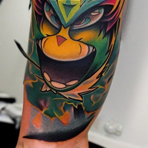 Prompt: breathtaking tattoo based on the game Klonoa, realistic, full tattoo, black, highly detailed photo