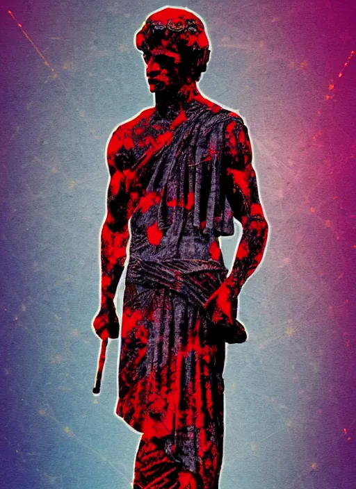 Prompt: design poster showing a statue of julius caesar, black background with very subtle red and purple text and design elements, powerful, nekro, graphic design, collage art, thin lines, dark, glitch art, neo vaporwave, gritty, layout frame, square, trending on artstation