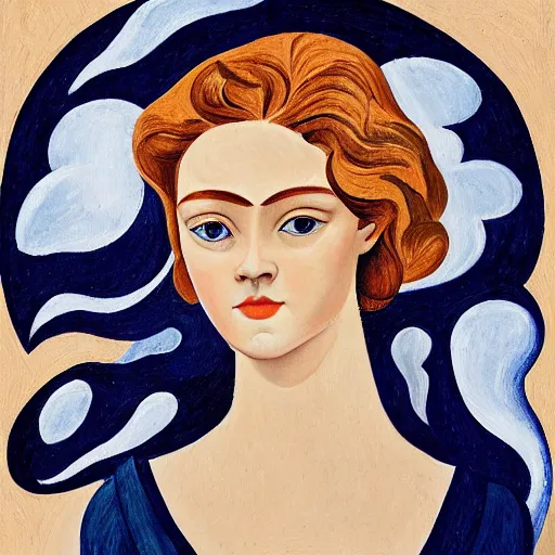 Image similar to professional painting of Elle Fanning in the style of William Zorach, head and shoulders portrait, symmetrical facial features, smooth, sharp focus, illustration, intricate, stormy weather, extremely detailed masterpiece,