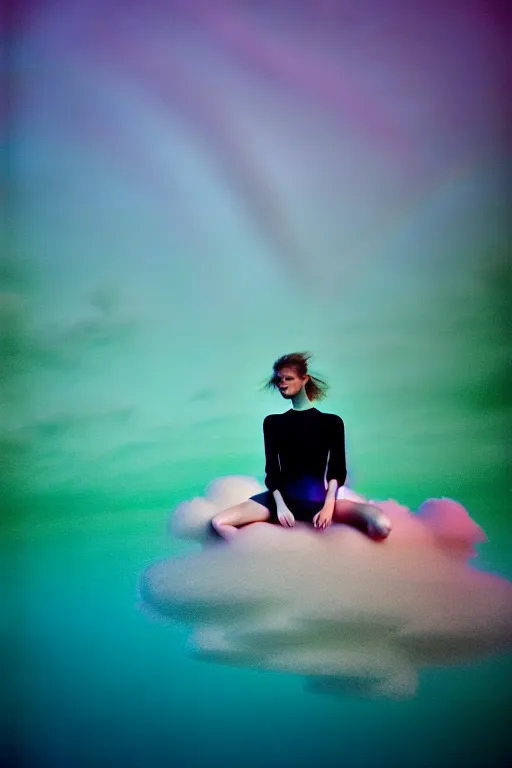 Image similar to high quality pastel coloured film close up wide angle photograph of a model wearing clothing swimming on cloud furniture in a icelandic black rock!! environment in a partially haze filled dreamstate world. three point light, rainbow. photographic production. art directed. pastel colours. volumetric clouds. pastel gradient overlay. waves glitch artefacts. extreme facial clarity. 8 k. filmic.