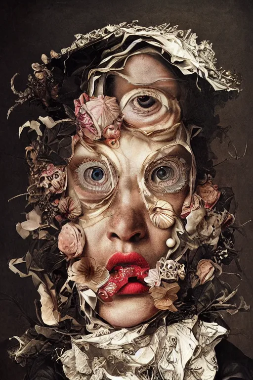 Image similar to Detailed maximalist portrait with large lips and with large white eyes, angry expression, HD mixed media, 3D collage, highly detailed and intricate surrealism, illustration in the style of Caravaggio, dark art, baroque