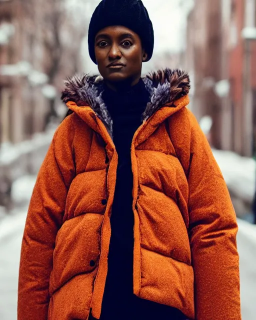 Image similar to a puffy and oversized winter jacket mango fruit jacket, worn by a very thin woman, designed by virgil abloh and wes anderson, photorealistic, modern