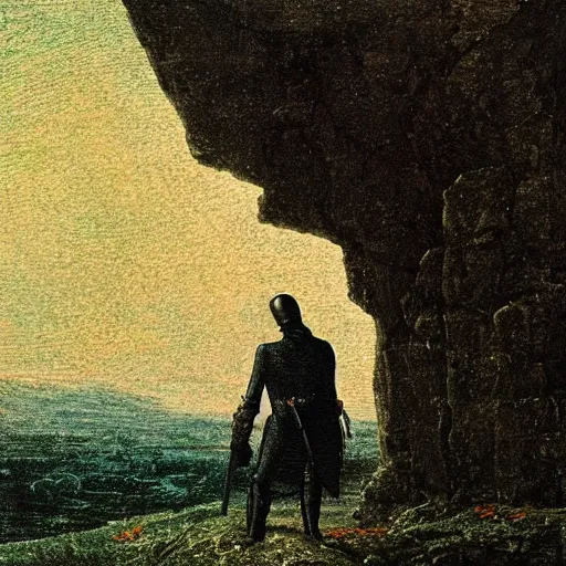 Prompt: dying knight facing the abyss, in the style of Caspar David Friedrich