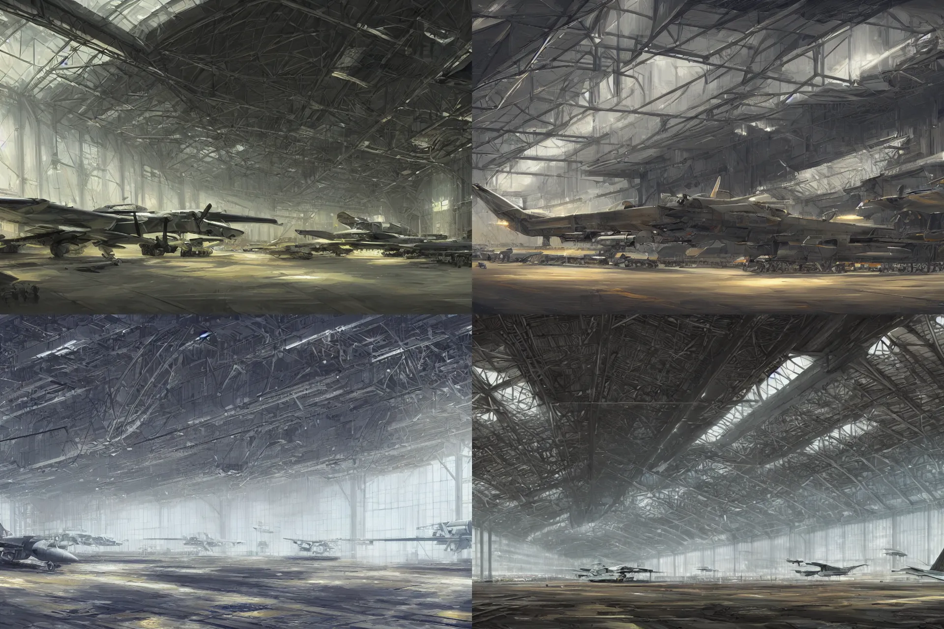 Prompt: a scene of a military airplane hangar, concept art by richard wright, cgsociety, fantasy art, biomorphic, artstation hq, concept art