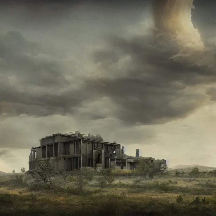 Prompt: a building in a serene landscape, apocalyptic fiction