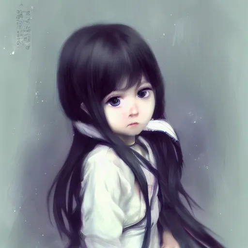 Image similar to a beautiful little girl by WLOP, pixiv, very white skin, sad black eyes, very black hair