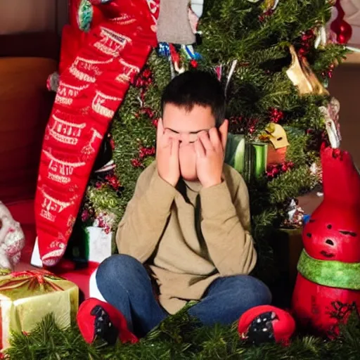 Image similar to a kid at christmas disappointed and crying looking a giant moai statue, his hands buried in his face, sitting down, looking disgusted and annoying | inside of a house next to a christmas tree, large opened present box next to the moai