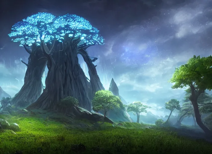 Prompt: portal tree on a luminescent crystal biome that looks like a movie shot by pixar, ultra detailed, fantasy, hyper realism, art, smooth, beautiful art, masterpiece, landscape, cinematic, wet reflections, ray tracing x, rtx, smooth