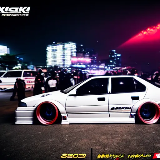 Image similar to a car JZX90 twin turbo drift at illegal car meet, saitama prefecture, city midnight mist lights, cinematic lighting, photorealistic, highly detailed wheels, high detail