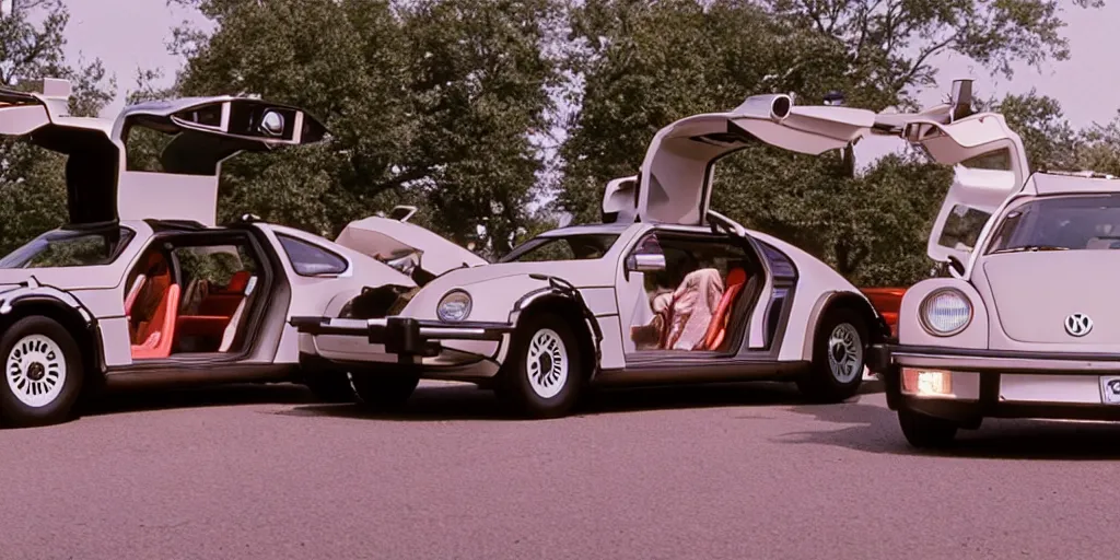 Image similar to Back to the future Still, twin pines scene, with a Volkswagen Beetle with gullwing doors, instead of a DeLorean, movie grain, cinematic composition, cinemascope, 1985