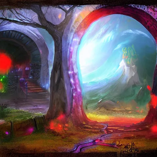 Prompt: colorful portal to another realm, apocalyptic fantasy, mmo, digital art