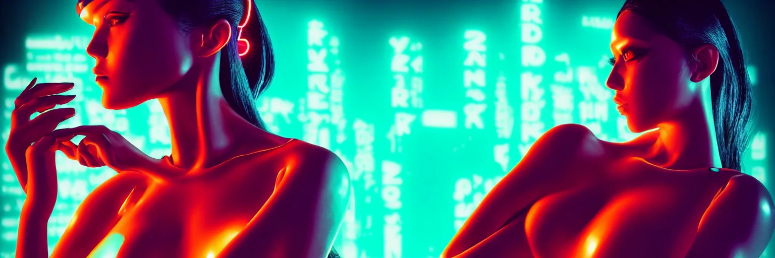 Image similar to 2 0 0 mm lens photography of a few female humanoid cropped tight portrait, shallow depth of field, cyberpunk high fashion, elegant profile pose, cyber neon lighting, retro futurism, retro futuristic glossy latex bikini, bokeh background, hyper photorealistic, crispy quality, digital photography, art by pascal blanche, art by artgerm, art by greg rutkowski,