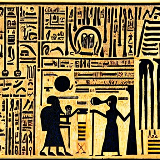 Image similar to Kurt vonnegut scene, hieroglyphics, surreal