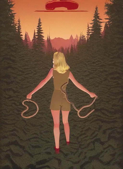 Prompt: Twin Peaks poster artwork by Tomer Hanuka, Rendering a femme fatal holding a snake, Michael Whelan, Patryk Hardziej, Makoto Shinkai and thomas kinkade, by Gregory Crewdson, Matte painting, trending on artstation and unreal engine