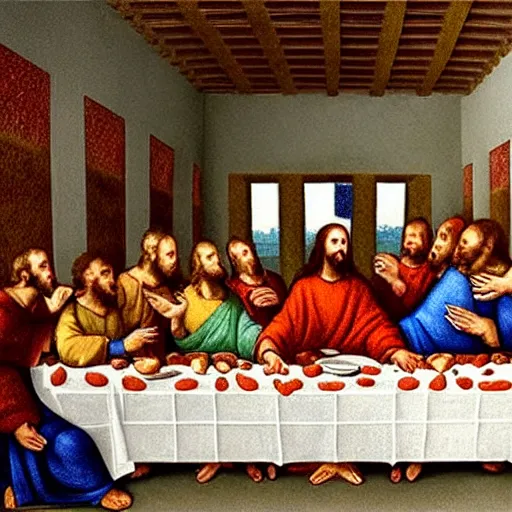 Image similar to in The Last Supper, Jesus is eating a large delicious hamburger that has a beef patty, lettuce, and tomato