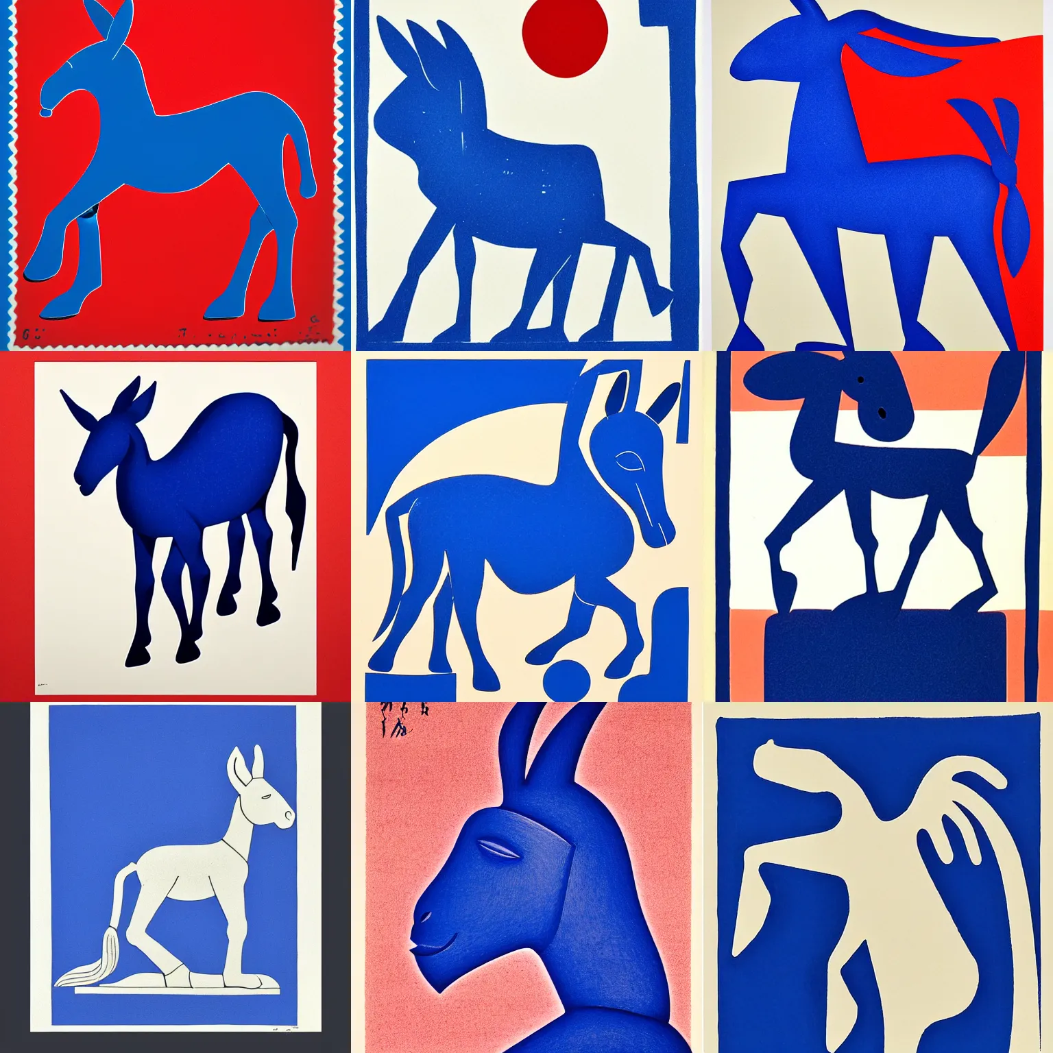 Prompt: lithograph of donkey!! cycladic sculpture on a white background, simplified, silhouette, full body, thick, solid colors, block print, gouache, stamp, iconic, side view, centered, ultramarine blue and red iron oxide