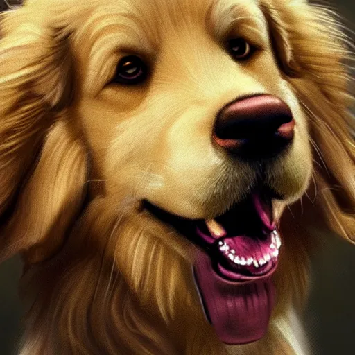 Image similar to portrait of a fluffy golden retriever dog, happy with his mouth open, D&D, fantasy, intricate, cinematic lighting, highly detailed, digital painting, artstation, concept art, smooth, sharp focus, illustration, art by Generate Labs and Kenichi Nishida