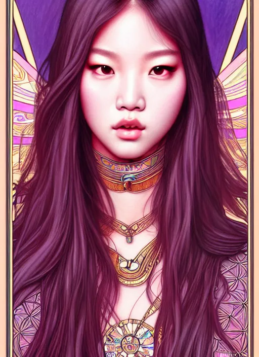 Image similar to jennie manoban of blackpink, tarot card, highly detailed, digital painting, smooth, sharp focus, illustration, ultra realistic, 8 k, art by artgerm and alphonse mucha