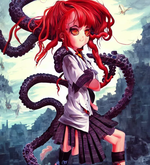 Prompt: hd official art portrait of a cute young schoolgirl fighting tentacle monster demons downtown in ishikawa ken miura kentaro gantz devilman frank miller jim lee alex ross style detailed trending award winning on flickr pixiv artstation