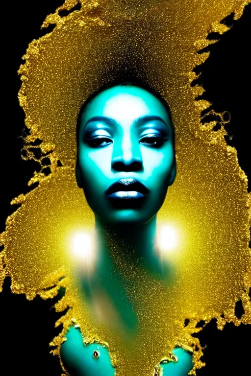 Image similar to hyperrealistic neo - dada cinematic very expressive! profile black oshun goddess, emerging from water!!, mirror dripping droplet!, gold flowers, highly detailed face, digital art masterpiece, smooth eric zener cam de leon, dynamic pearlescent turquoise light, low angle uhd 8 k, sharp focus