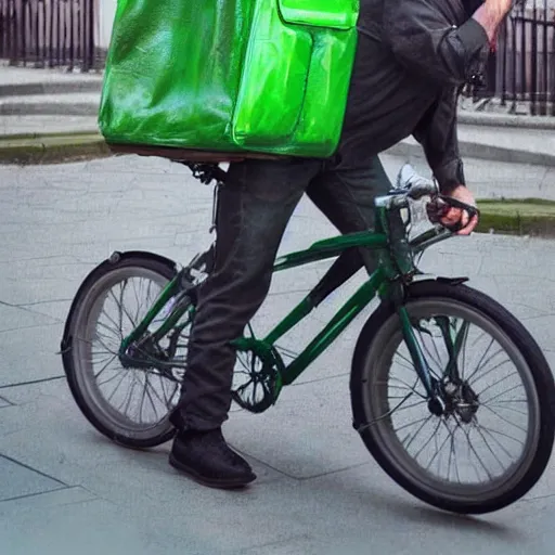 Image similar to a bearded and long haired bicycle food delivery worker with a green bag on his back in ireland, he has boots, by Artgerm, fantasy epic digital art, trending on Artstation