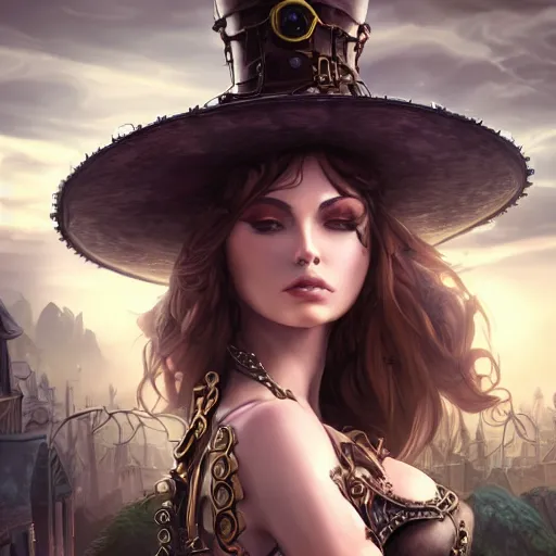 Image similar to fantasy woman in steampunk town, details face, detailed body, realistic body structure, unreal engine, by popular digital artist, digital, artstation, detailed body, heavenly atmosphere, digital art, overdetailed art, trending on artstation, cgstudio, the most beautiful image ever created, dramatic, award winning artwork, beautiful scenery