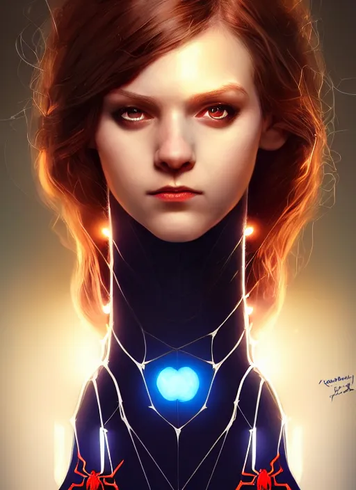 Image similar to portrait of mayday parker spider - girl, brown hair, blue eyes, spider - man costume, intricate, elegant, glowing lights, highly detailed, digital painting, artstation, concept art, smooth, sharp focus, illustration, art by wlop, mars ravelo and greg rutkowski