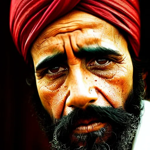 Image similar to portrait of president barack obama as afghan man, green eyes and red turban looking intently, photograph by steve mccurry