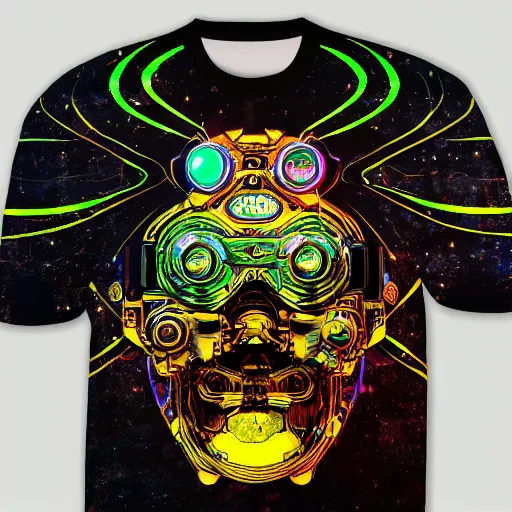 Image similar to mockup of a tshirt with a hyperdetailed portrait of a steampunk robot on lsd, 8 k, symetrical, flourescent colors, trippy mood, multicolored,