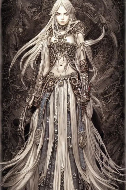 Image similar to A full body portrait of a female priestess with long silver hair by Akihiko Yoshida, fantasy, very detailed, tone mapping