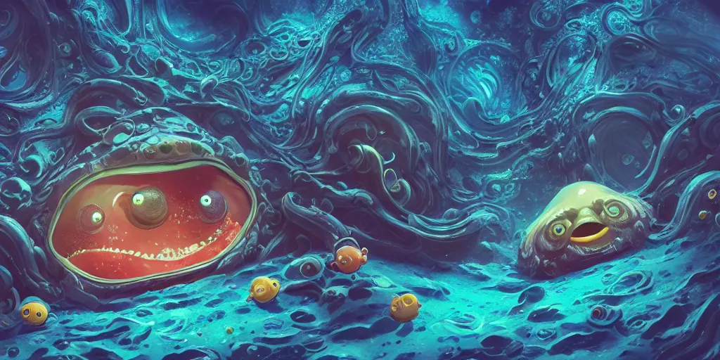 Image similar to of an intricate deep sea with strange cute friendly happy creatures with huge eyes, long tongue, round teeth and goofy funny face, appearing from the background, in the style of gehry and gaudi, macro lens, shallow depth of field, ultra detailed, digital painting, trending artstation, concept art, illustration, cinematic lighting, photorealism, epic, octane render