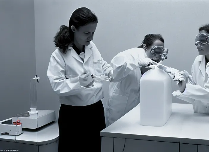 Prompt: realistic photo two female scientists doing an experiment with a cloud 1 9 9 0, life magazine reportage photo