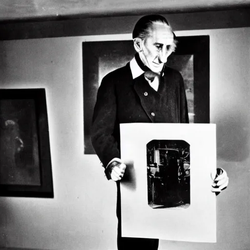 Image similar to underexposed photo of Marcel Duchamp in a room full with an ancient machine, tri-x, archival pigment print in the style of Hito Steyerl, contemporary art