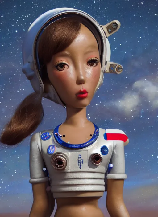 Image similar to closeup profile portrait of tin toy spacegirl astronaut, bikini, depth of field, zeiss lens, detailed, symmetrical, centered, fashion photoshoot, by nicoletta ceccoli, mark ryden, lostfish, breathtaking, 8 k resolution, extremely detailed, beautiful, establishing shot, artistic, hyperrealistic, octane render