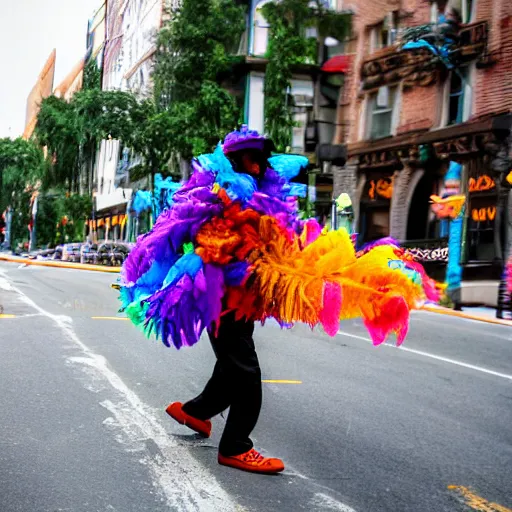 Prompt: a man made of colorful feather boas walking across the street