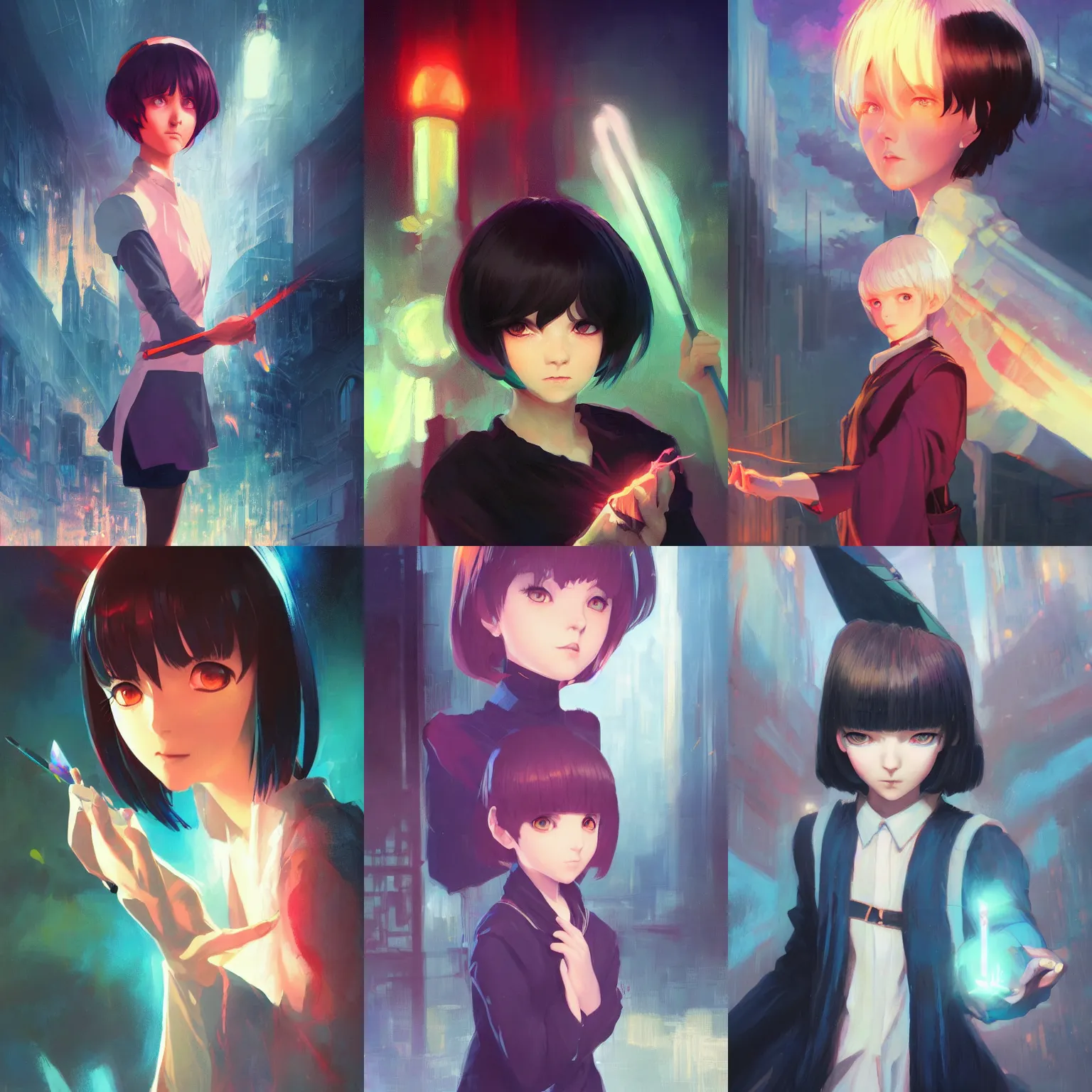 Prompt: a portrait of a cute young female sorcerer with black bob cut hair casting a spell, urban fantasy setting, vivid colors, soft lighting, atmospheric, cinematic, moody, in the style of Ilya Kuvshinov and Range Murata, Krenz Cushart, oil on canvas, 8k