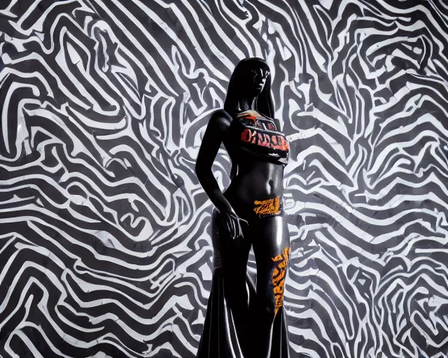 Image similar to very very beautiful dark black marble statue of a beautiful woman with colorful motocross logos on the wall behinder in the background in the style of virgil abloh, dark soft lighting, cinematic, detailed, off white, heron preston, 8 k, 4 k, detailed, beautiful, symmetrical, vogue, editorial, fashion, magazine, museum lighting, night time, dark