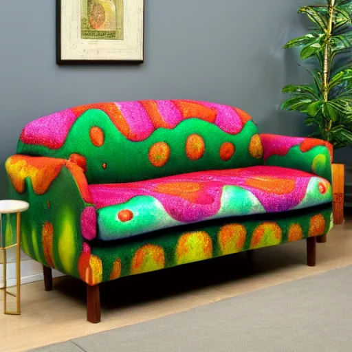 Image similar to psychedelic trippy couch pine forest planets milky way sofa by louis wain