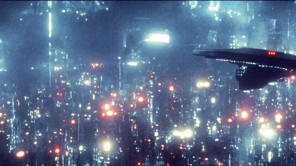 Image similar to spaceship flying over city, a screenshot of blade runner