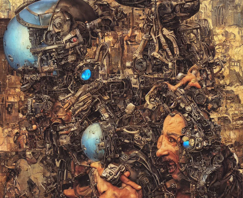 Prompt: junky men with competer, cybertronic gadgets and vr helmet, durty colours, rotten textures, rusty shapes, biotechnology, norman rockwell, tim hildebrandt, dariusz zawadzki, bruce pennington, larry elmore, intricate complicity, hyperrealistic oil painting on canvas, deep depth field, masterpiece, cinematic composition, hyper - detailed