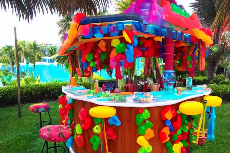 Image similar to poolside Tiki bar made of gummy candy