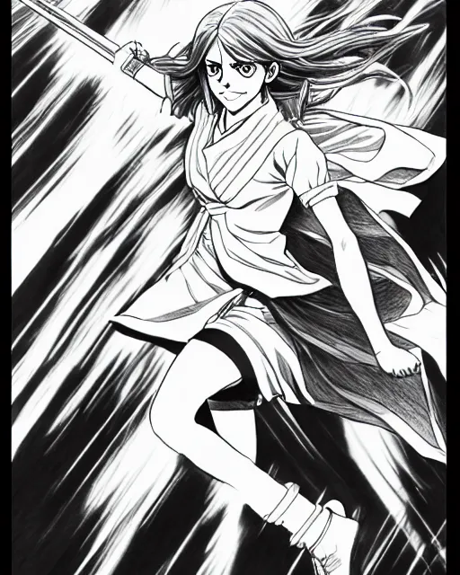 Image similar to a very detailed pencil drawing of emma watson in demon slayer manga panel, action lines, in field high resolution, dynamic pose, landscape, portrait, action, hyper realistic, manga, koyoharu gotouge, sakuga