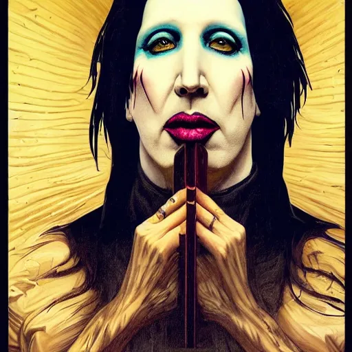 Image similar to clear portrait of marilyn manson holding a coffin, golden hour background, cottagecore!!, hyper detailed, character concept, full body, dynamic pose, intricate, elegant, highly detailed, digital painting, artstation, concept art, smooth, sharp focus, illustration, art by artgerm and greg rutkowski and alphonse mucha