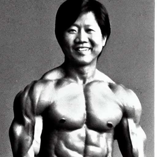 Image similar to BongBong Marcos as a bodybuilder in a gym flexing his huge muscles