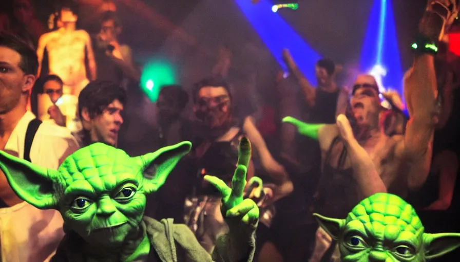 Prompt: Yoda in the nightclub, ibiza, rave