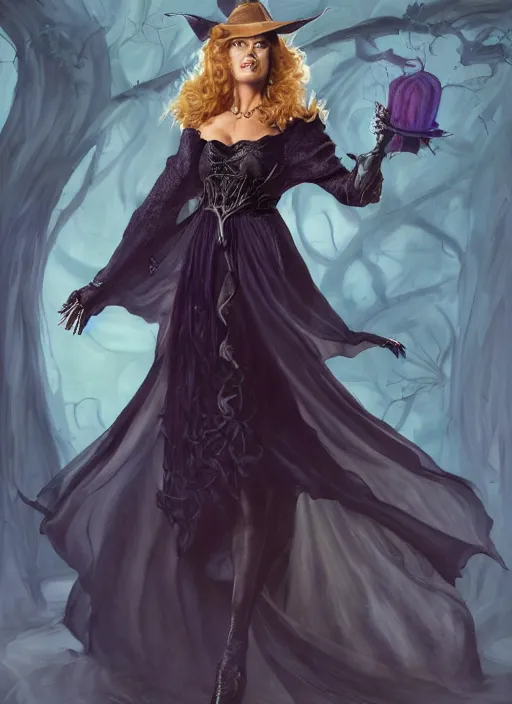 Image similar to beautiful female witch, rebecca romijn as wicked witch of the west, full body character concept, evil, powerful, magic, art nouveau, super powers, fantasy, intricate, elegant, mistique, horrifying, highly detailed, digital painting, artstation, concept art, shining, sharp focus, illustration, art by stanley lau