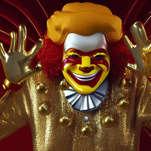 Image similar to A still of Ronald McDonald surrounded by gold and diamonds, Award-winning, photograph, 3d render, unreal engine, 4k detailed