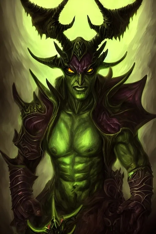 Image similar to illidan the demon hunter with band that cover his eyes with demon wings from world of warcraft with background digital painting trending on artstation