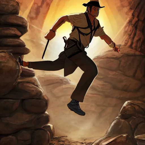 Image similar to Indiana Jones being chased by a boulder trap underground, boulder chase, inside ancient stone temple background, Indiana Jones running away from big round stone, raiders of the lost ark, detailed background, anime key visual